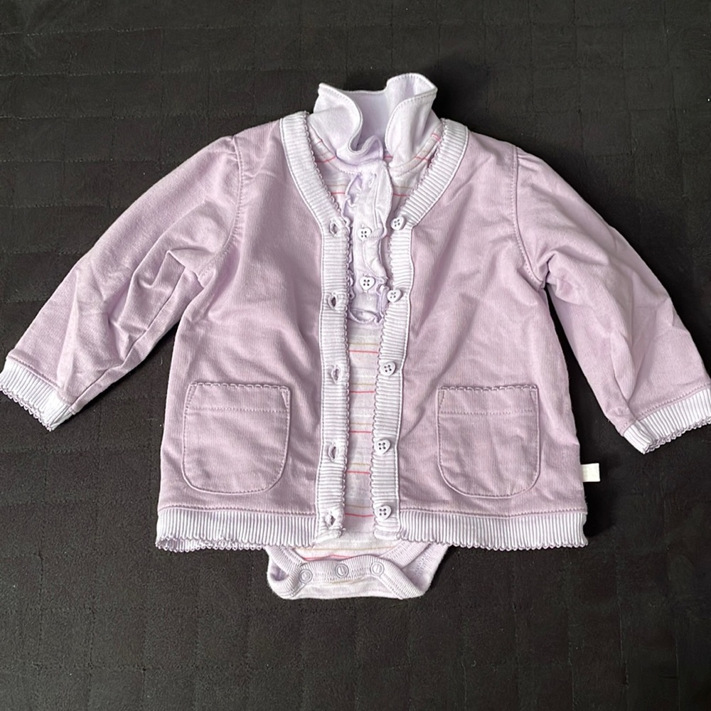 Small Wonders Cardigan w/pockets & long sleeve striped shirt w/ 4 buttons.